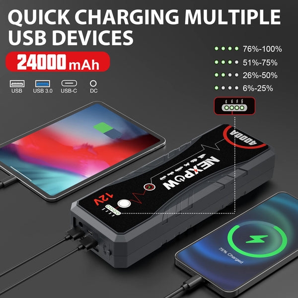 NEXPOW Car Jump Starter,Car Battery Jump Starter 4000A Peak Q11 Pack for Up to All Gas and 10.0L Diesel Engine12V Auto Battery Booster,Jumper Cables,Portable Lithium Jump Box with LED Light/USB QC3.0