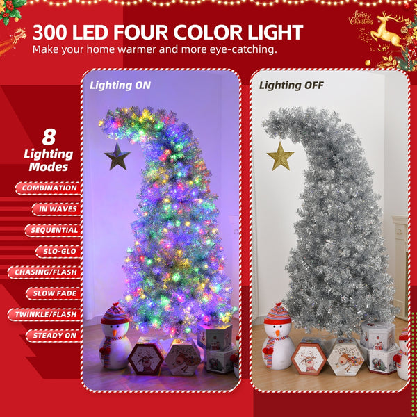 6FT Bent Top Pre-lit Christmas Tree with Golden Star, Hinged Artificial Xmas Tree with 300 Lights, 900 Branch Tips for Holiday Party