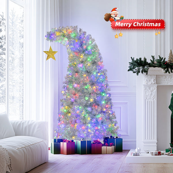 6FT Bent Top Pre-lit Christmas Tree with Golden Star, Hinged Artificial Xmas Tree with 300 Lights, 900 Branch Tips for Holiday Party