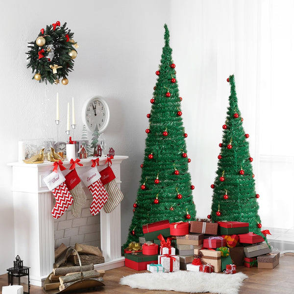 2 Pack, 6FT 5FT Artificial Pop Up Christmas Tree with Red Ball Ornaments for for Home Office Store Holiday Deco, Green