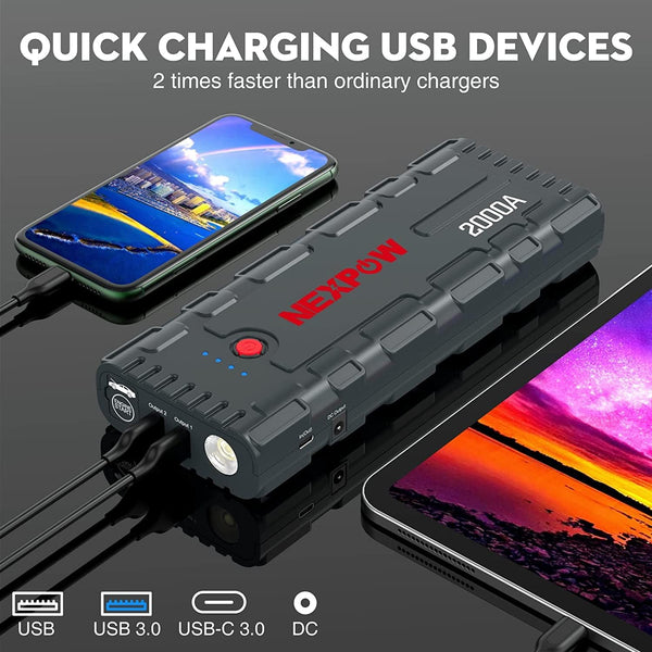 NEXPOW Starthilfe Powerbank, 2000A Spitzenstrom Auto Starthilfe, 12V Tragbarer Batterie Booster mit USB-Schnellladung 3.0 (bis zu 7,0L Benzin oder 6,5L Diesel) Safe Batteriestarter LED-Licht (grau)(Available only in Germany))