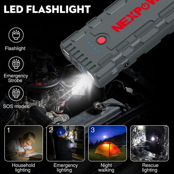 NEXPOW Starthilfe Powerbank, 2000A Spitzenstrom Auto Starthilfe, 12V Tragbarer Batterie Booster mit USB-Schnellladung 3.0 (bis zu 7,0L Benzin oder 6,5L Diesel) Safe Batteriestarter LED-Licht (grau)(Available only in Germany))