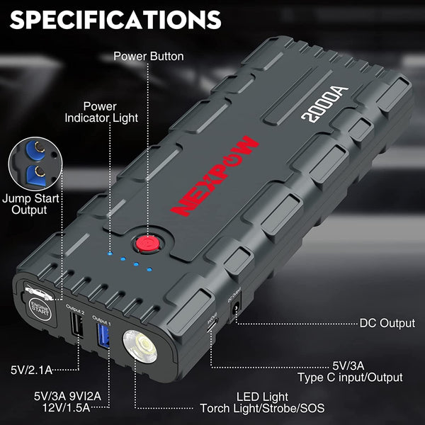 NEXPOW Starthilfe Powerbank, 2000A Spitzenstrom Auto Starthilfe, 12V Tragbarer Batterie Booster mit USB-Schnellladung 3.0 (bis zu 7,0L Benzin oder 6,5L Diesel) Safe Batteriestarter LED-Licht (grau)(Available only in Germany))