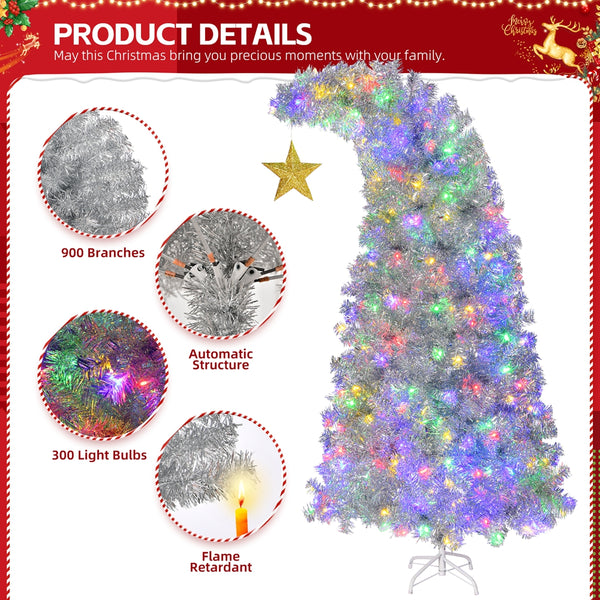 6FT Bent Top Pre-lit Christmas Tree with Golden Star, Hinged Artificial Xmas Tree with 300 Lights, 900 Branch Tips for Holiday Party