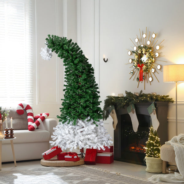 6FT Santa Hat Style Pre-lit Christmas Tree, Hinged Artificial Xmas Tree Pine Tree with 250 Warm White Lights, 839 Branch Tips for Holiday Party