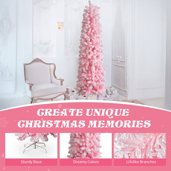 7.5 FT Snow Flocked Hinged Christmas Tree, Artificial Pencil Christmas Tree, Unlit Pine Tree with 641 Branch Tips, Pink