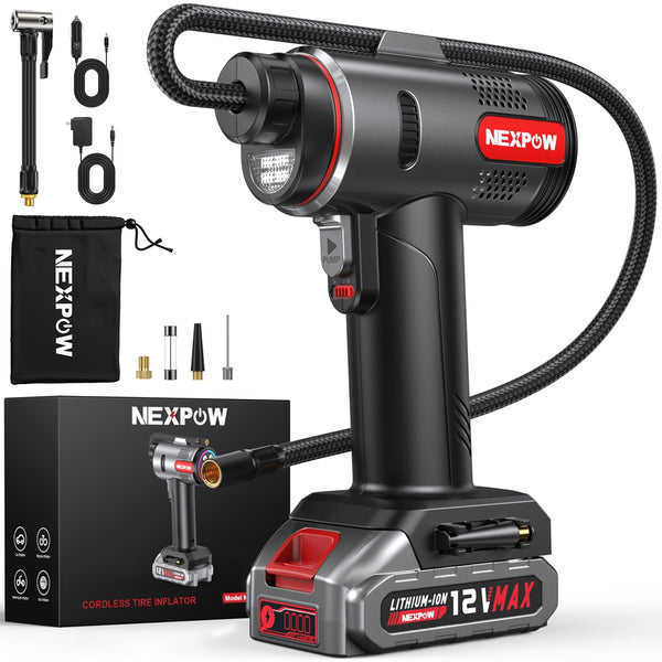 NEXPOW Tire Inflator Portable Air Compressor, 160PSI Car Tire Pump, Rechargeable Battery Powered 12V DC Adapter, Digital Pressure Gauge