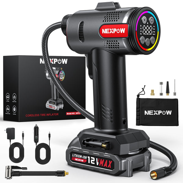 NEXPOW Tire Inflator Portable Air Compressor, 160PSI Car Tire Pump, Rechargeable Battery Powered 12V DC Adapter, Digital Pressure Gauge