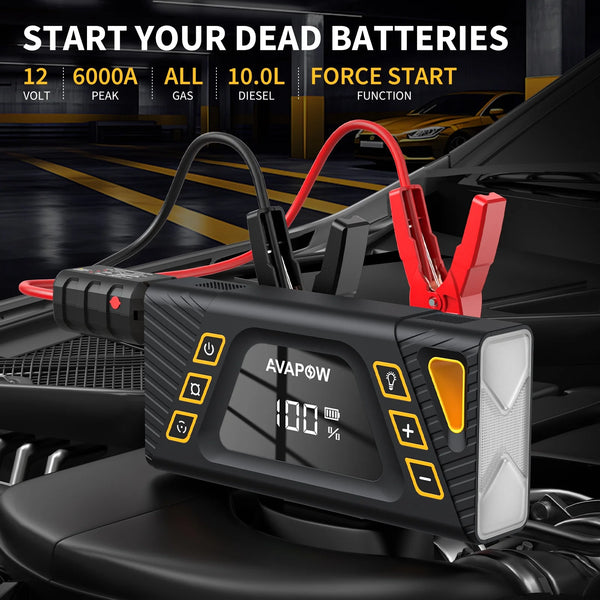 AVAPOW Jump Starter with Air Compressor, 150PSI 6000A Car Battery Jump Starter (for All Gas/10L Diesel), 12V Jump Box with LCD Display, Lights