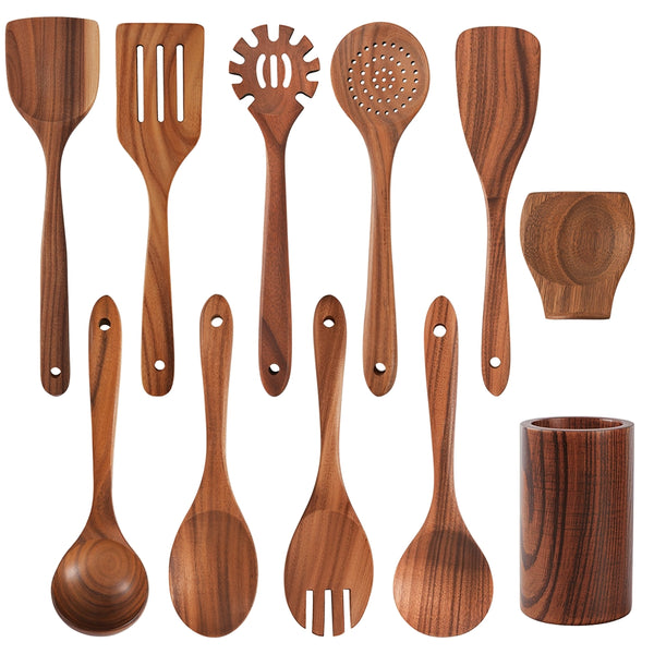 VAVSEA 11 Pcs Wooden Spoons for Cooking, Thickened Natural Wooden Cooking Utensils, Eco-Friendly Wood Kitchen Utesnils, Gifts for Christmas
