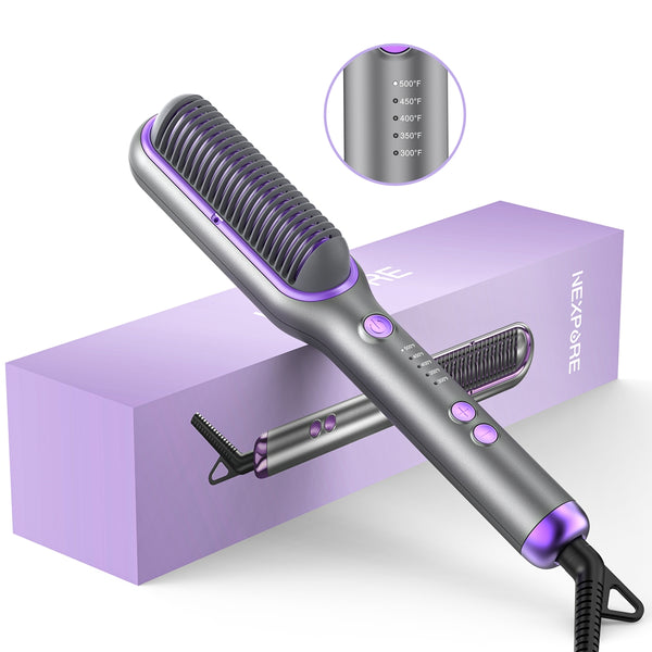 NEXPURE Hair Straightener Brush, Ionic Straightening Brush with 5 Temps, Anti-Scald Ceramic Hot Comb, Dual Voltage