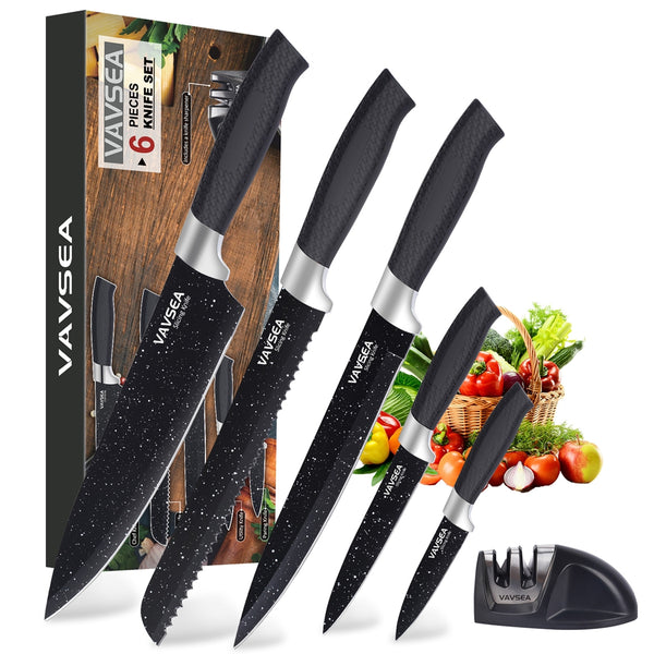 VAVSEA Kitchen Knife Set with Sharpener, 6Pcs Stainless Steel Chef Knife Set with Non-Stick Coating