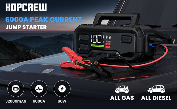 6000A Jump Starter, HOPCREW 32000mAh Car Battery Jump Starter with LED Display&60W PD Fast Wall Charger for All Gas or Upto 12L Diesel, 12V Jump Pack with Battery Booster with Built-in LED Light