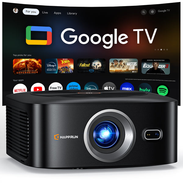 1500 ANSI Official Licensed Google TV Smart Projector, HAPPRUN 4K Full HD Home Theater with Auto Focus, Dolby Sound, Wi-Fi Bluetooth, Built-in Apps, Compatible with Phone & PC, Indoor & Outdoor Use