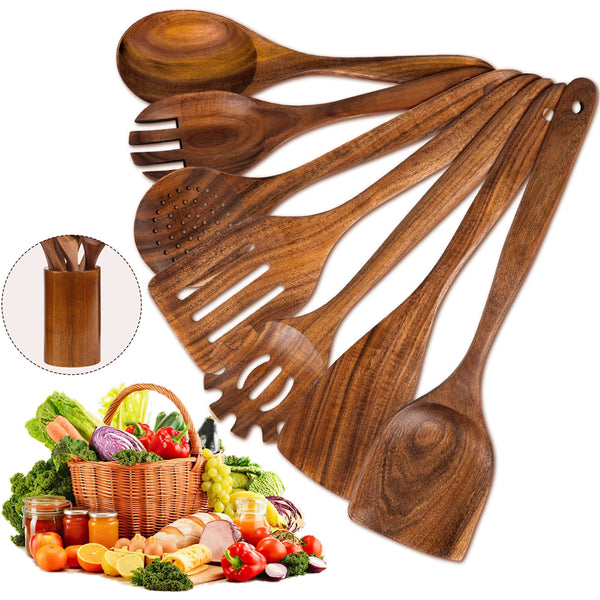 VAVSEA Thick Wooden Spoons for Cooking, 8Pcs Natural Wooden Utensil for Cooking with Non-Stick, Heat Resistant, Wood Kitchen Utensil Set