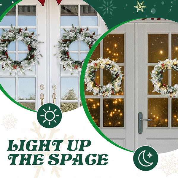 2 Pack 18in Pre-lit Snow Flocked Christmas Wreath, Lighted Artificial Xmas Wreath with 60 Warm Lights and 140 Tips