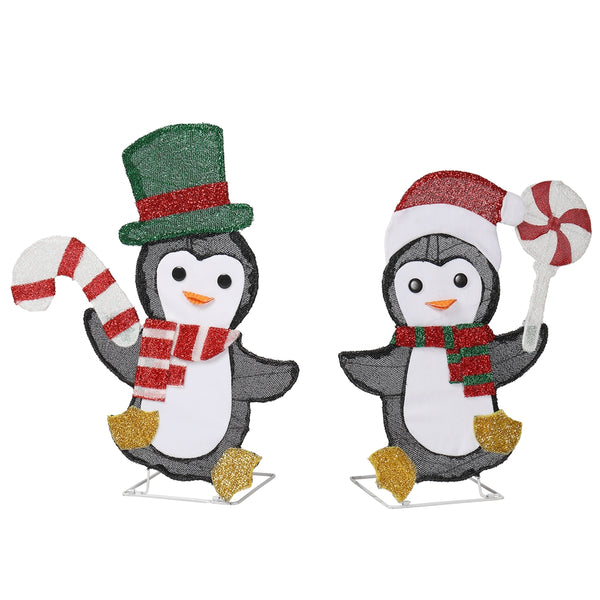 2 Lighted Penguin and Candy Cane Christmas Decorations, Pre-lit 2D Holiday Decor for Xmas Outdoor Indoor Decor Lighted Displays