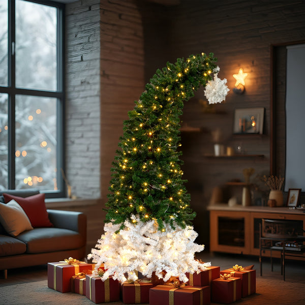 6FT Santa Hat Style Pre-lit Christmas Tree, Hinged Artificial Xmas Tree Pine Tree with 250 Warm White Lights, 839 Branch Tips for Holiday Party