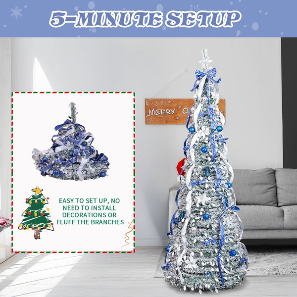 7FT Snow Flocked Pre-lit Artificial Pop Up Christmas Tree with 200 Warm Lights and Blue & Silver Ornaments for Home Holiday Decor