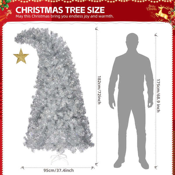 6FT Bent Top Pre-lit Christmas Tree with Golden Star, Hinged Artificial Xmas Tree with 300 Lights, 900 Branch Tips for Holiday Party