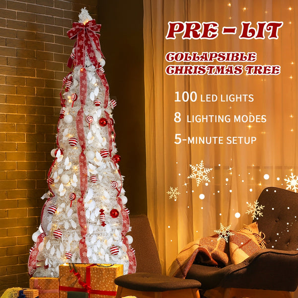 6 FT Fully Decorated Pre-lit Christmas Tree, Pop Up Artificial Xmas Tree with 100 Warm Lights and Red Ornaments for Holiday Decor