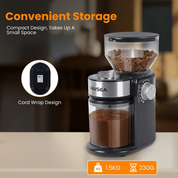 VAVSEA Burr Coffee Grinder, Electric Coffee Bean Grinder with 18 Precise Grind Settings, 3-18 Cup, for Cold Brew/French Press