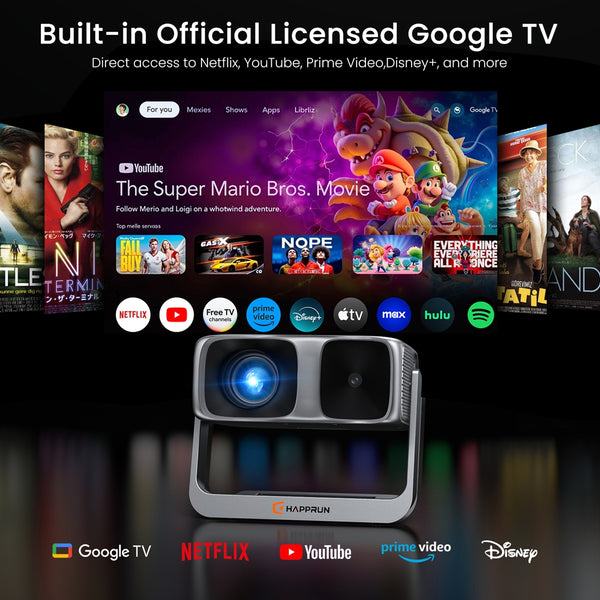 2000 ANSI Official Licensed Google TV Smart Projector 4K Full HD, with Wifi and Bluetooth, HAPPRUN Home Theater with 270° Stand