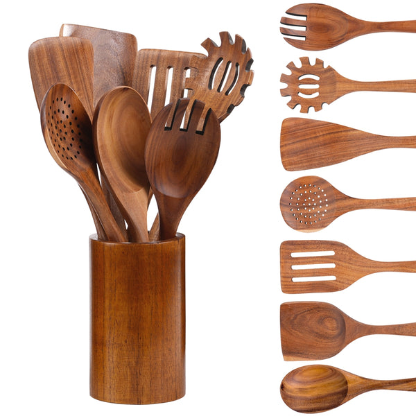 VAVSEA Thick Wooden Spoons for Cooking, 8Pcs Natural Wooden Utensil for Cooking with Non-Stick, Heat Resistant, Wood Kitchen Utensil Set