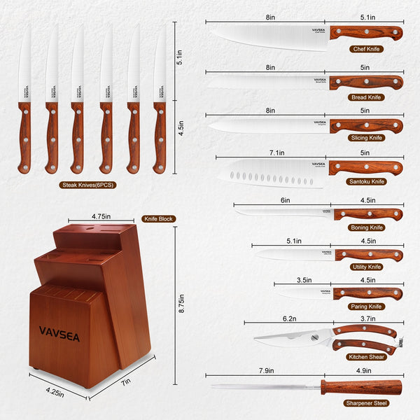 VAVSEA Knife Block Set, 16 Pieces Kitchen Knife Set with Block, Stainless Steel Knife Set for Gift