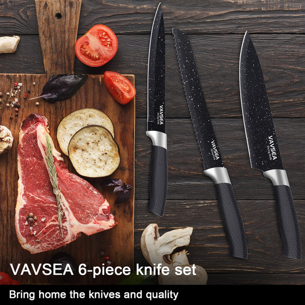 VAVSEA Kitchen Knife Set with Sharpener, 6Pcs Stainless Steel Chef Knife Set with Non-Stick Coating