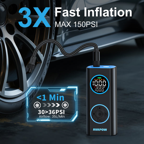AVAPOW Tire Inflator, Portable Air Compressor 150PSI, with Digital Gauge, Auto Shut-Off, for Car, Bike, Motorcycle Balls