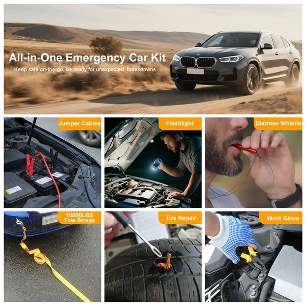 NEXPOW Car Emergency Kit, Roadside Assistance Kit with Jumper Cables, Tow Rope, Shovel, Flashlight for Car, SUV, Truck