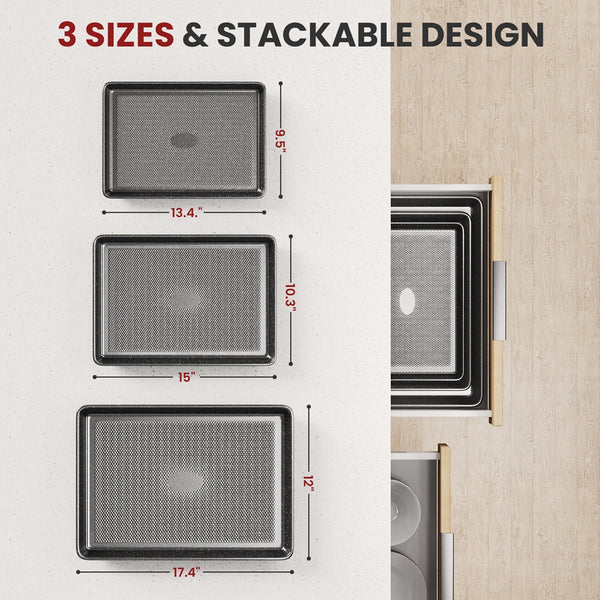 VAVSEA Cookie Sheet Set of 3, Speckled Baking Sheet Set, Carbon Steel Heavy Nonstick Sheet Pan Set for Oven, Size 17.4/15/13.4 Inch
