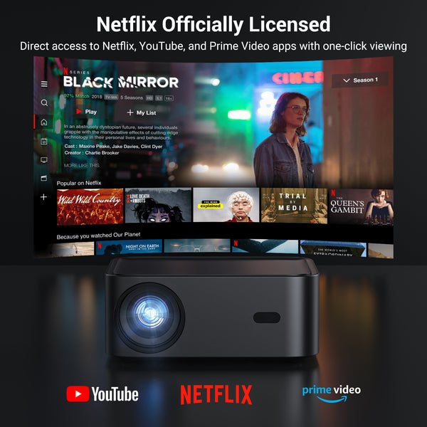 Built-in streaming app full HD smart projector, HAPPRUN 4K projector, supports Wi-Fi and Bluetooth, Dolby audio, 300-inch large screen, suitable for home, outdoor, and indoor viewing