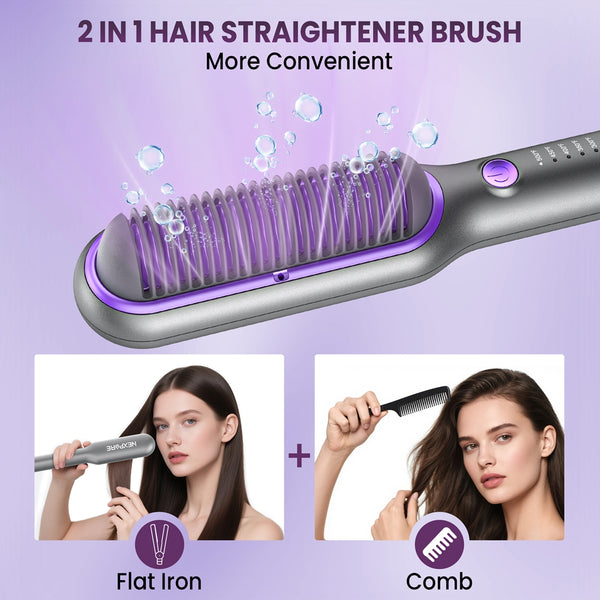 NEXPURE Hair Straightener Brush, Ionic Straightening Brush with 5 Temps, Anti-Scald Ceramic Hot Comb, Dual Voltage