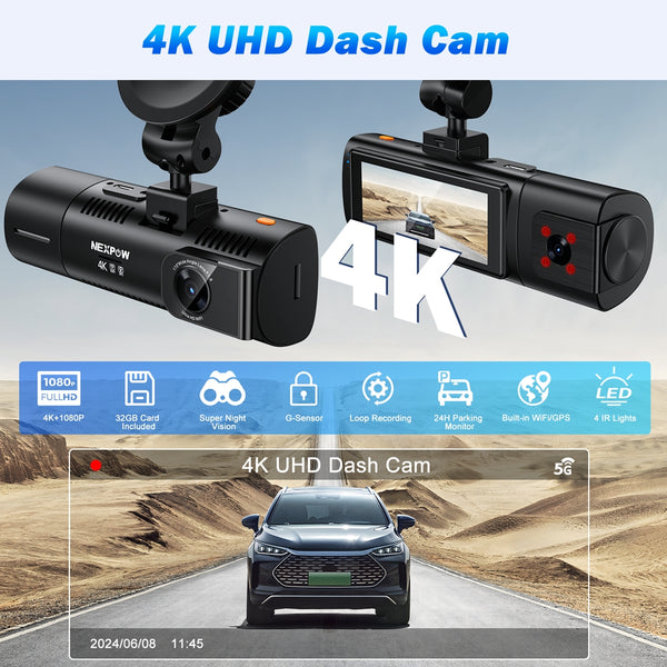 NEXPOW Dash Cam Front and Rear, 4K Full HD Dash Camera with Built-in WiFi GPS, 32GB Card Included