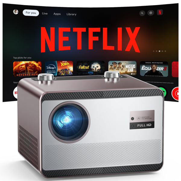 Built-in Streaming App Full HD Smart Projector, HAPPRUN Native 1080P Movie Projector with Auto Focus, WiFi and Bluetooth, 300'' Large screen, Suitable for Home, Outdoor and Indoor