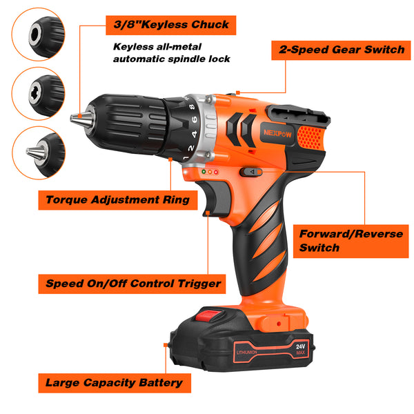 NEXPOW 24V Cordless Drill-Brushless Power Drill Set, 3/8" Keyless Chuck,18+1 Position Electric Drill, 2-Speed Transmission Tool Drill with 2Battery&Fast Charger