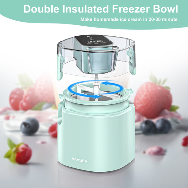 VAVSEA 1.6 Qt Ice Cream Maker with Scoop, 2-in-1 Electric Ice Cream Machine with LED Screen & Timer, Double-Insulated Freezer Bowl