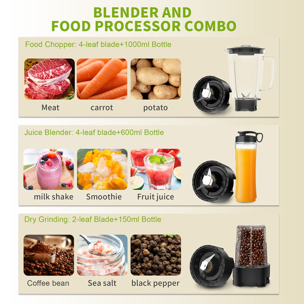 VAVSEA 3-in-1 Smoothie Blender 1000W Blenders and Grinder Combo for Kitchen with 2 Speeds & Pulse, BPA-Free
