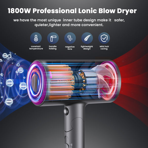 Hair Dryer, NEXPURE 1800W Professional Ionic Blow Dryer for Hair Care, Powerful Wind for Hair Drying, 2 Attachments