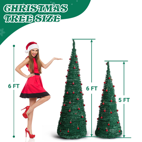 2 Pack, 6FT 5FT Artificial Pop Up Christmas Tree with Red Ball Ornaments for for Home Office Store Holiday Deco, Green