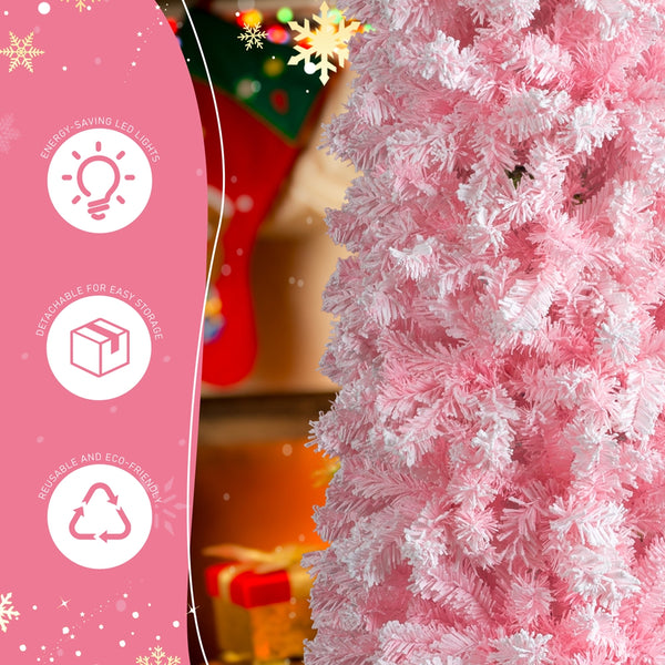 7.5 FT Snow Flocked Hinged Christmas Tree, Artificial Pencil Christmas Tree, Unlit Pine Tree with 641 Branch Tips, Pink