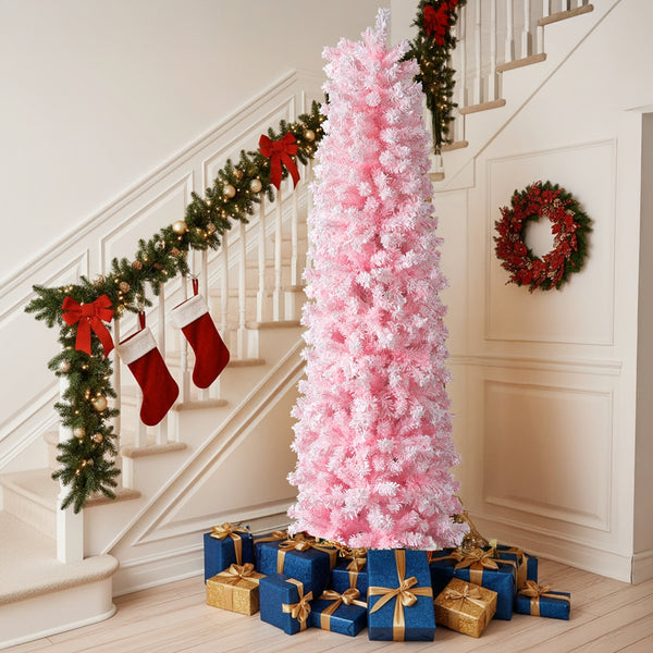 7.5 FT Snow Flocked Hinged Christmas Tree, Artificial Pencil Christmas Tree, Unlit Pine Tree with 641 Branch Tips, Pink