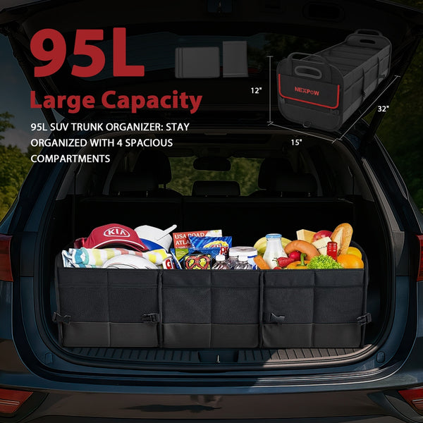 NEXPOW Car Trunk Organizer, 95L Collapsible SUV Organizer, Multi-Compartment, Car Storage Box with 2 Adjustable Straps