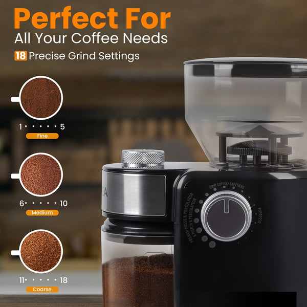 VAVSEA Burr Coffee Grinder, Electric Coffee Bean Grinder with 18 Precise Grind Settings, 3-18 Cup, for Cold Brew/French Press