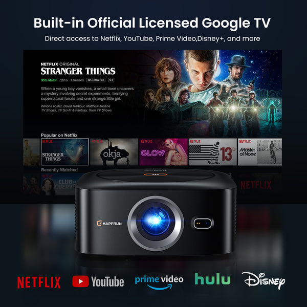 1500 ANSI Official Licensed Google TV Smart Projector, HAPPRUN 4K Full HD Home Theater with Auto Focus, Dolby Sound, Wi-Fi Bluetooth, Built-in Apps, Compatible with Phone & PC, Indoor & Outdoor Use