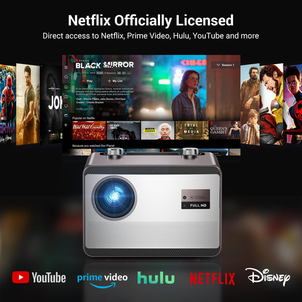 Built-in Streaming App Full HD Smart Projector, HAPPRUN Native 1080P Movie Projector with Auto Focus, WiFi and Bluetooth, 300'' Large screen, Suitable for Home, Outdoor and Indoor
