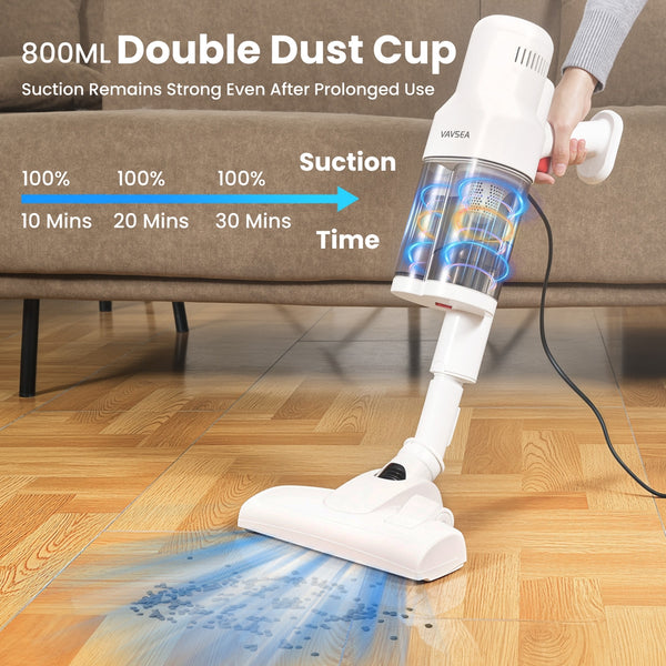 VAVSEA Corded Vacuum Cleaner with 800ML Double Dust Cup Lightweight 16Kpa 600W Powerful Suction Stick Vacuum