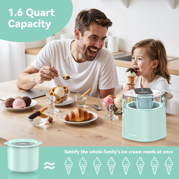 VAVSEA 1.6 Qt Ice Cream Maker with Scoop, 2-in-1 Electric Ice Cream Machine with LED Screen & Timer, Double-Insulated Freezer Bowl